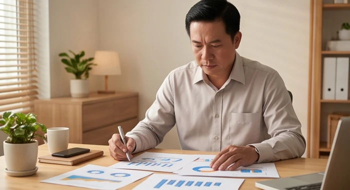 Người nam giới cẩn trọng rà soát hợp đồng và kế hoạch tài chính trong những năm đại hạn tại bàn làm việc