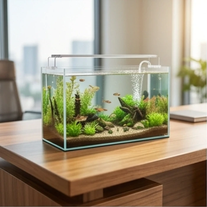 Khối bàn gỗ tự nhiên lớn kiên cố đặt cạnh bể cá thủy sinh minh họa vượng khí cho người tuổi mậu thìn