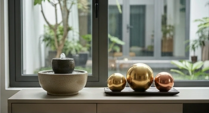 Đài phun nước mini bằng gốm và vật phẩm trang trí kim loại đặt ở góc tụ khí phòng khách hợp tam hợp Thân Tý Thìn