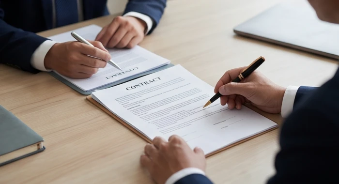 Đối tác trao đổi văn bản hợp đồng kinh doanh trên bàn làm việc trong buổi đàm phán hợp tác chuyên nghiệp