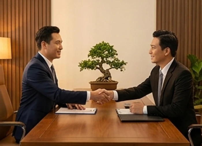 Cái bắt tay hợp tác đầy tự tin giữa hai đối tác kinh doanh trong không gian làm việc chuyên nghiệp.