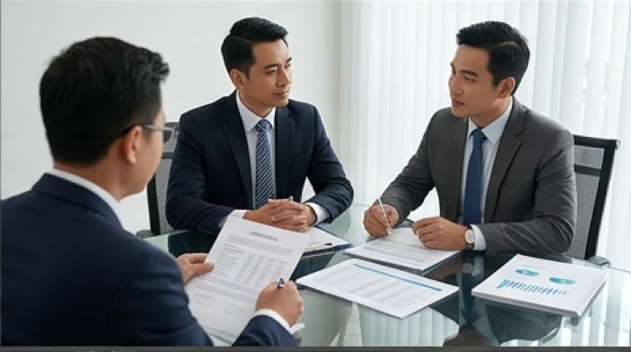 Hai đối tác kinh doanh trao đổi minh bạch về số liệu hợp đồng tại phòng họp công ty với thái độ tôn trọng