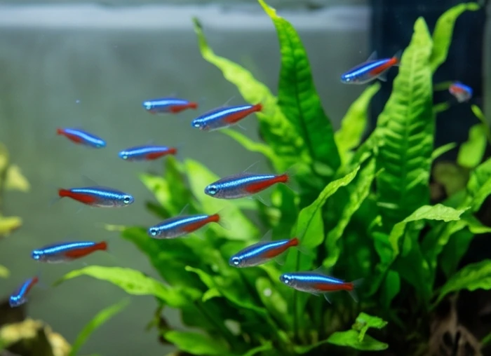 Đàn cá neon xanh phát sáng bơi lội đồng điệu giữa những tán lá dương xỉ trong hồ kính