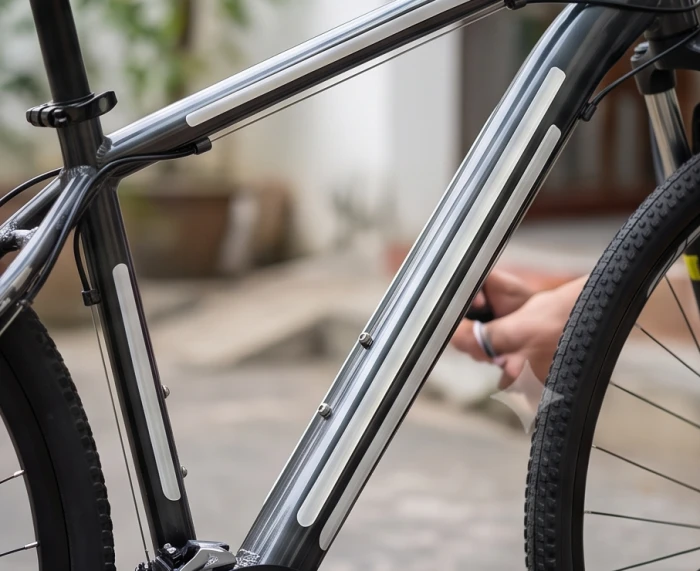 Khung xe đạp được dán thêm các dải decal phản quang màu xám bạc ánh kim để cân bằng màu khắc mệnh