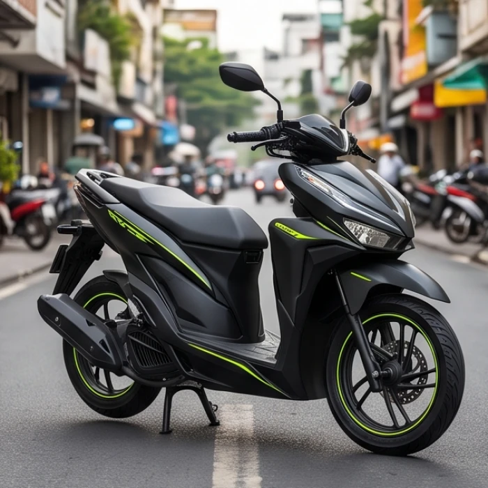 Chiếc xe máy màu đen được dán thêm tem trang trí màu xanh lục giúp bổ sung năng lượng hành Mộc.