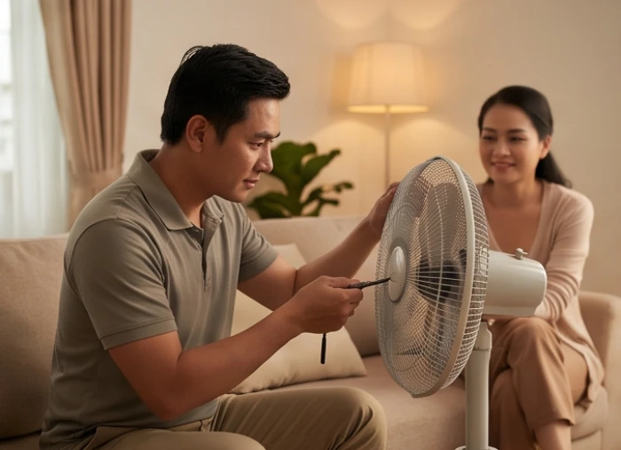 Người chồng đang cẩn thận kiểm tra và sửa chữa chiếc quạt điện trong phòng khách của gia đình