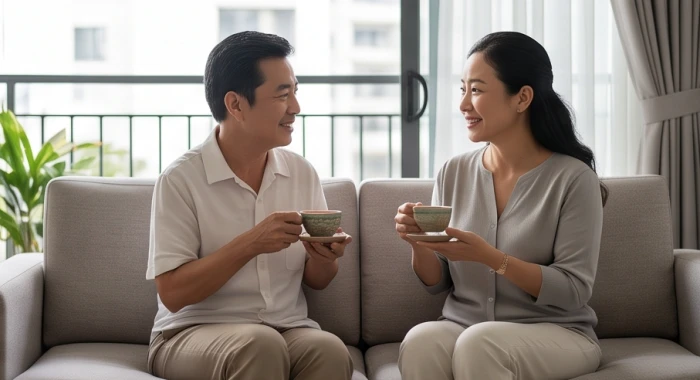 Cặp vợ chồng trò chuyện hòa thuận phản ánh sự dung hòa cái tôi trong hôn nhân tuổi dần