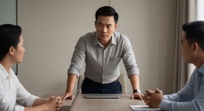 Người đàn ông căng thẳng trong cuộc thảo luận công việc phản ánh tính cái tôi cao và bảo thủ
