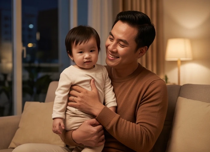 Người đàn ông đang bế con nhỏ và mỉm cười ấm áp trong không gian phòng khách gia đình vào buổi tối muộn