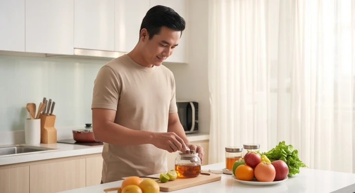 Người chồng tuổi Hợi ân cần chuẩn bị bữa tối cho gia đình trong không gian bếp ấm cúng và hiện đại