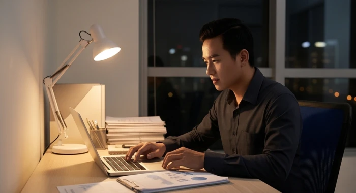 Người nam tuổi Hợi giữ thái độ bình tĩnh và tập trung xử lý khối lượng lớn công việc tại văn phòng