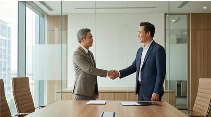 Hai đối tác kinh doanh bắt tay vui vẻ sau khi đạt được thỏa thuận hợp tác trong phòng họp sang trọng
