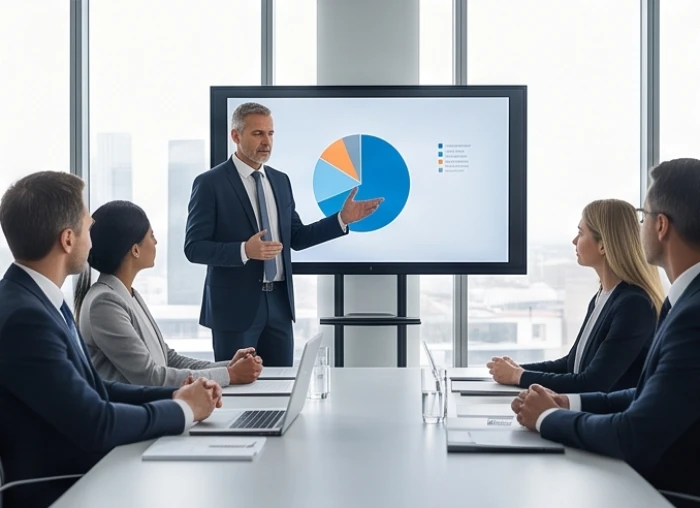 Giám đốc điều hành đang thuyết trình về biểu đồ phân bổ nguồn vốn đầu tư dài hạn cho hội đồng quản trị