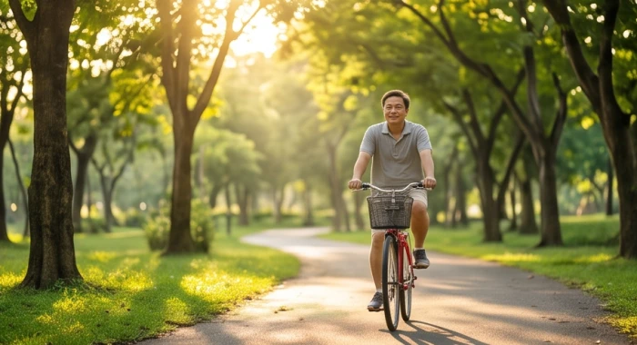 Người trung niên đang thong thả đạp xe tập thể dục trong công viên rợp bóng cây xanh