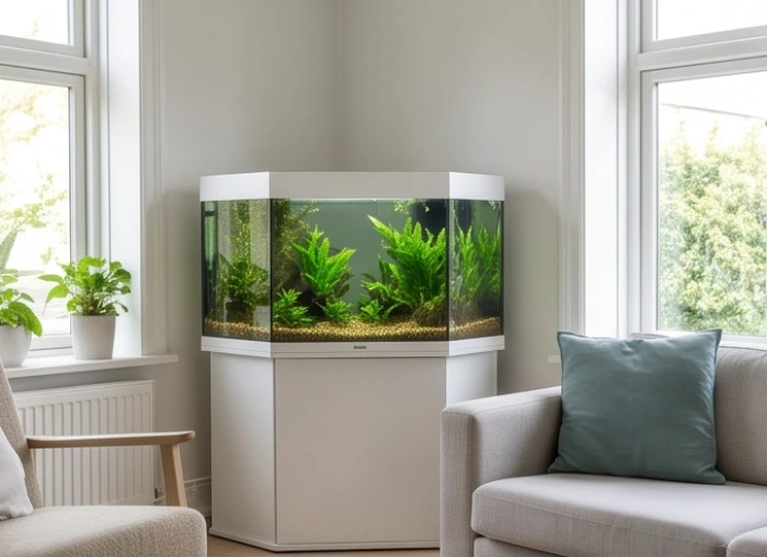 Vị trí đặt bể cá cảnh tại góc hướng Đông Nam của phòng khách ngập tràn ánh sáng tự nhiên
