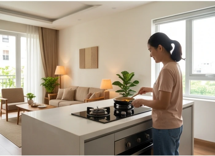Người phụ nữ đang nấu ăn tại gian bếp hiện đại có thiết kế miệng bếp quay về hướng Thiên Y