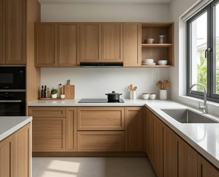 Gian bếp ngăn nắp bố trí theo nguyên tắc tọa hung hướng cát với khoảng cách chuẩn giữa bếp nấu và bồn rửa
