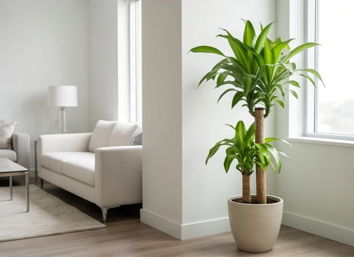 Chậu cây Thiết Mộc Lan gốc lớn đặt tại cung Tài Lộc hướng Đông Nam trong phòng khách hiện đại