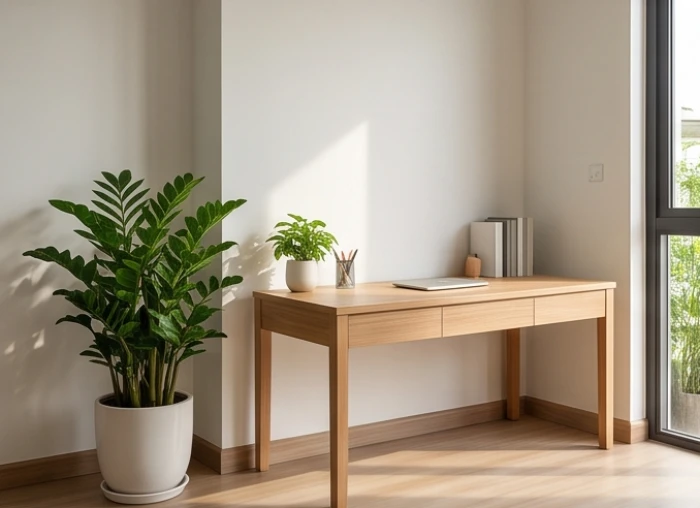 Chậu cây Kim Tiền lá xanh tốt đặt tại góc nhọn cột nhà cạnh bàn làm việc của người Bính Dần