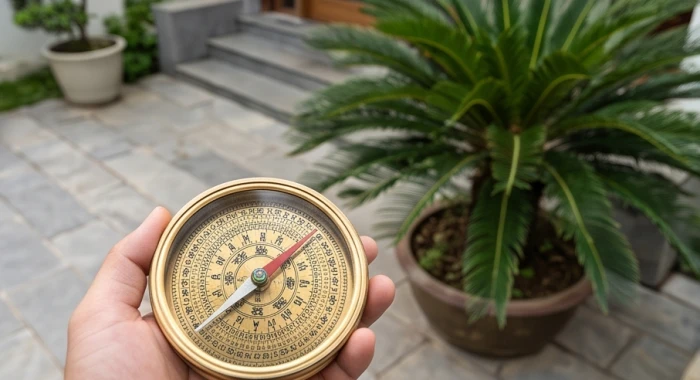 Chiếc la bàn phong thủy đặt trước khoảng sân hướng Đông Bắc xác định vị trí đặt chậu vạn tuế