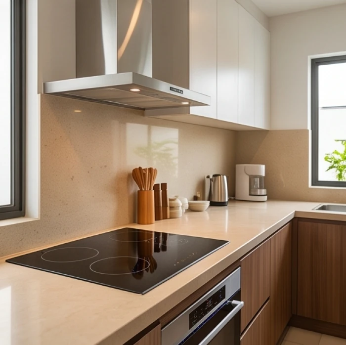 Khu vực bếp hiện đại được bố trí hướng mặt điều khiển về phương Đông Bắc Sinh Khí cát lợi