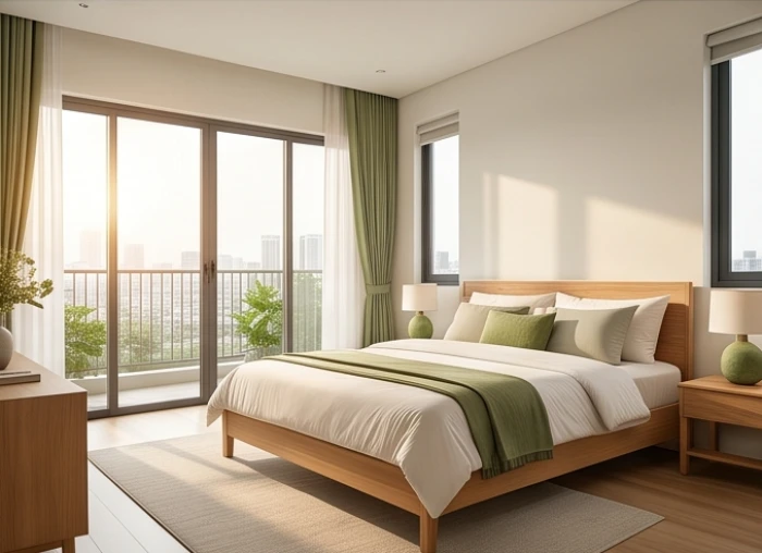 Phòng ngủ chính ngăn nắp bố trí giường theo hướng hợp mệnh đón ánh nắng tự nhiên buổi sáng