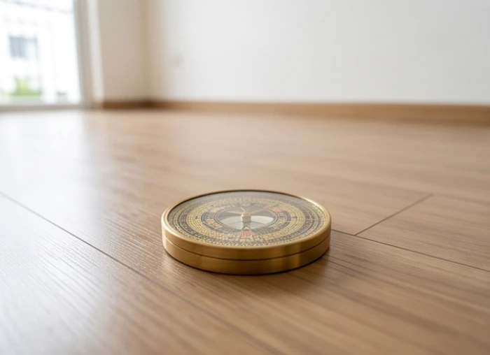 Chiếc la bàn bằng đồng sáng bóng được đặt ngay ngắn giữa tâm phòng khách để đo đạc các luồng khí