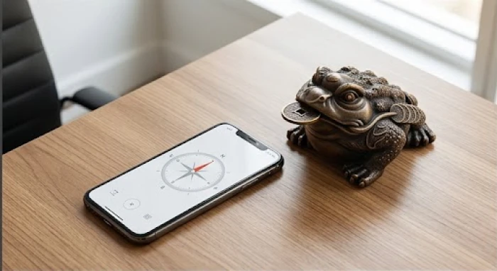 Màn hình điện thoại hiển thị ứng dụng la bàn đặt phẳng trên mặt bàn gỗ bên cạnh bức tượng thiềm thừ