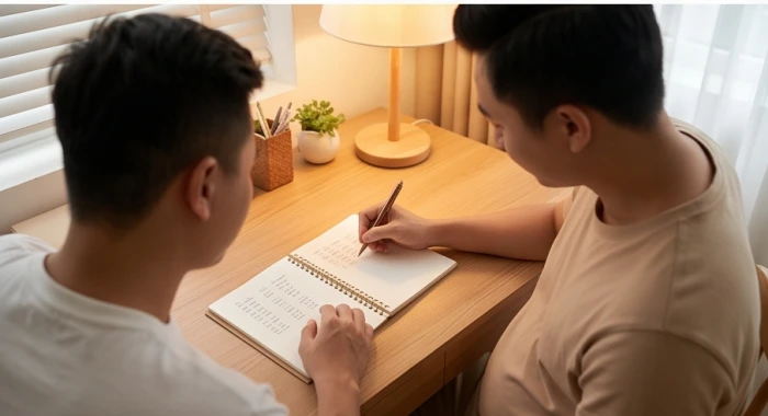 Cha mẹ ghi chép danh sách tên tương sinh mệnh Hỏa lên sổ tay cho bé yêu tuổi giáp thìn 2024 cạnh chiếc đèn bàn