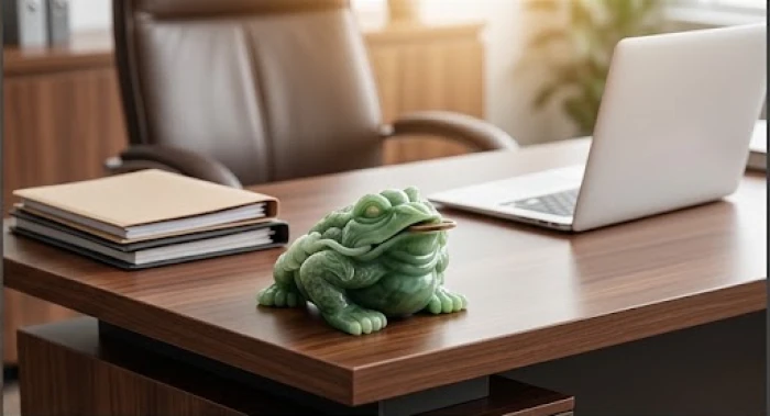 Bức tượng cóc ngậm tiền được đặt gọn gàng ở góc bàn làm việc hướng đông bên cạnh những tập hồ sơ