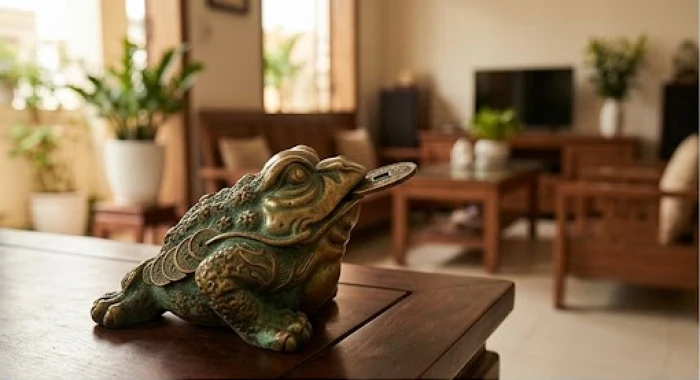 Tượng cóc ba chân ngậm đồng xu cổ được đặt chéo góc ở phòng khách với phần đầu quay vào trong nhà