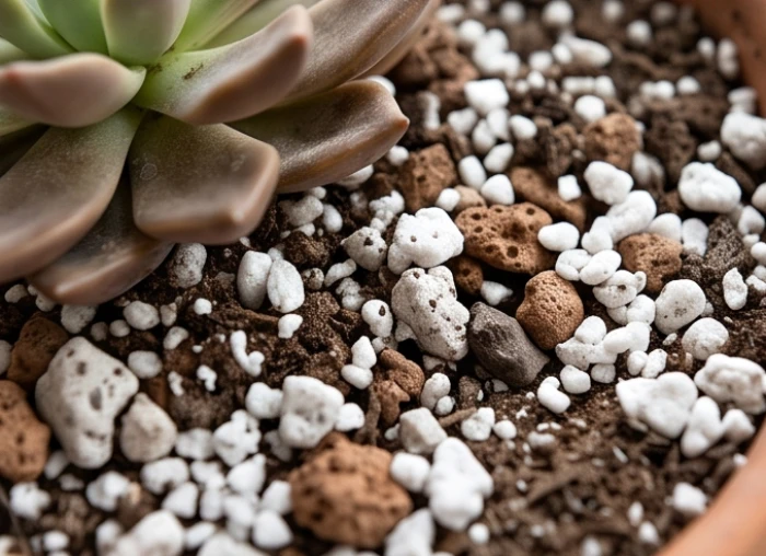 Hỗn hợp đất trồng sen đá chứa nhiều hạt đá khoáng perlite và pumice trắng xốp
