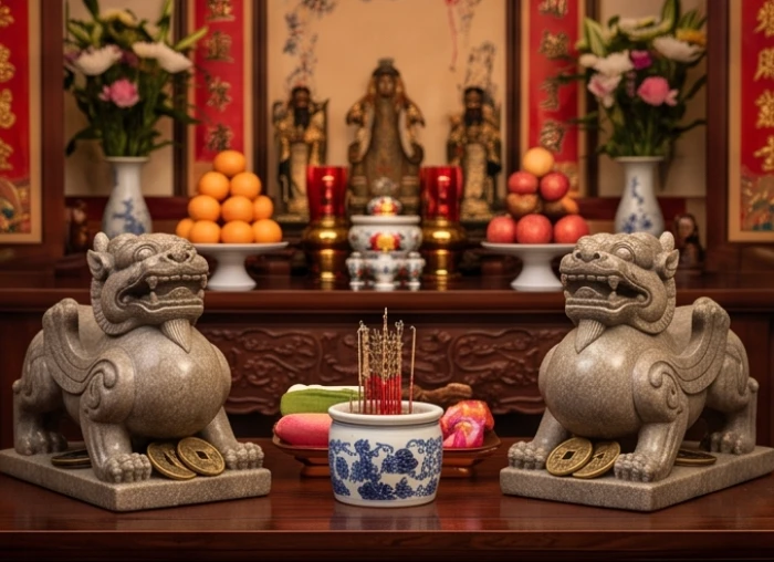 Hai bức tượng Tỳ Hưu uy nghi được đặt chầu hai bên bàn thờ Thần Tài với phần miệng hướng thẳng ra cửa chính đón khí
