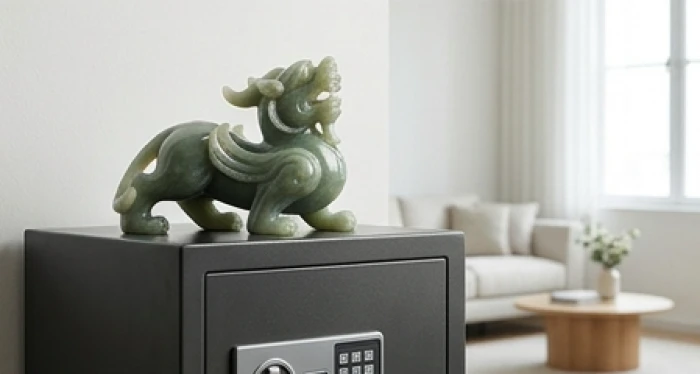 Tượng Tỳ Hưu phong thủy đặt vững chãi trên nóc két sắt hướng mặt ra phía cửa sổ đón lộc theo Bát Trạch