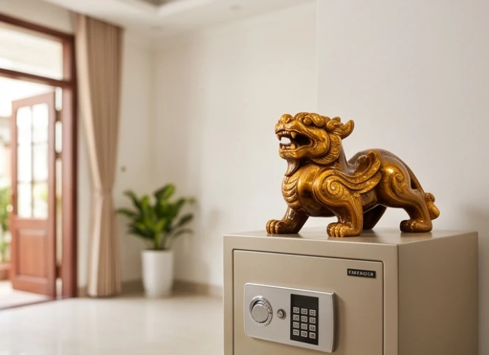 Tượng tỳ hưu chiêu tài bằng đá mắt hổ vàng đặt vững chãi trên nóc két sắt hướng ra cửa chính