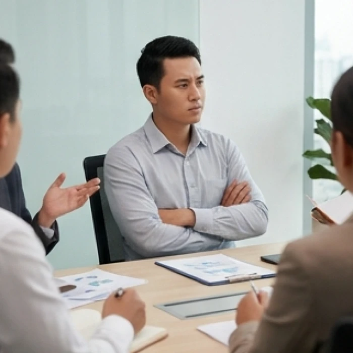 Đồng nghiệp khoanh tay căng thẳng trong cuộc họp bộc lộ rõ tín hiệu cảnh báo thái độ bảo thủ và phòng thủ