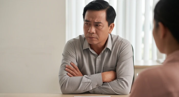Người tuổi Bính Thìn 1976 khoanh tay lảng tránh ánh nhìn trong một cuộc thảo luận căng thẳng tại bàn làm việc