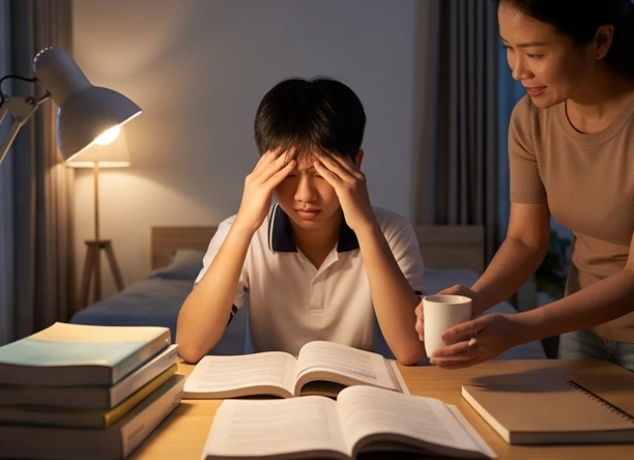 Học sinh cảm thấy mỏi mệt và áp lực bên chồng sách vở lúc tối muộn được phụ huynh quan tâm chăm sóc kịp thời