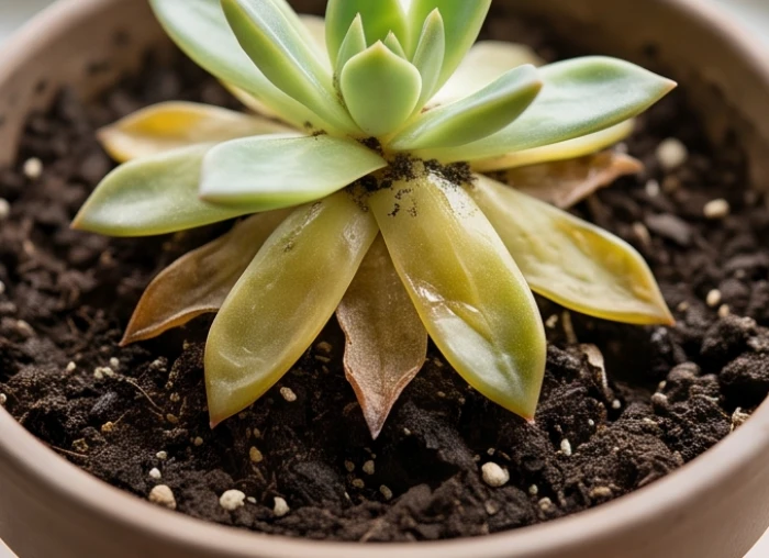 Chậu cây có lá gốc chuyển vàng héo úng và đất ẩm nhão do tưới nước quá lượng trong phòng điều hòa