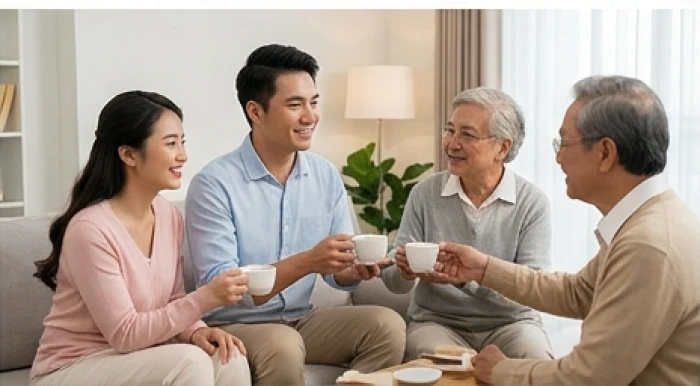 Cặp đôi trẻ đang trò chuyện vui vẻ cùng gia đình tại bàn ăn ấm cúng trong không gian phòng khách hiện đại
