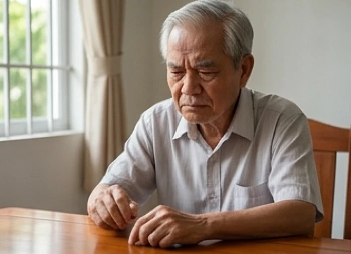 Người ông lớn tuổi thể hiện sự kiên nhẫn đã cạn qua hành động nhíu mày và gõ tay xuống mặt bàn gỗ