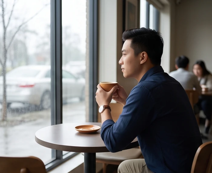 Chàng trai ưu tư ngồi riêng tư bên quán cà phê yên tĩnh khi cảm thấy cần không gian cá nhân trong tình cảm