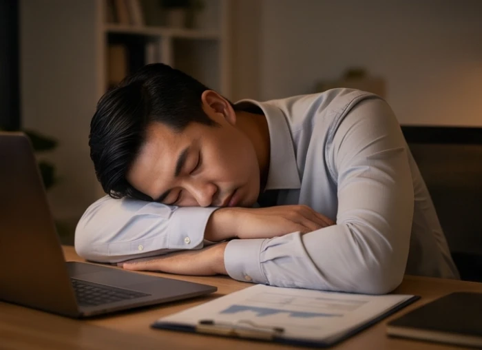 Một người mệt mỏi gục đầu trên bàn làm việc do không gian xung quanh thiếu ánh sáng và sinh khí phong thủy