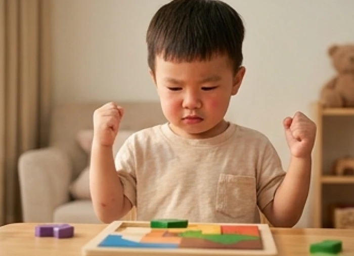 Bé trai ba tuổi gương mặt ửng đỏ nắm chặt hai tay biểu lộ sự bối rối khi gặp tình huống khó khăn