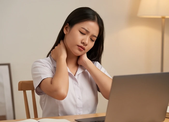 Nữ sinh viên xoa bóp vai gáy sau nhiều giờ ngồi làm việc trước màn hình máy tính