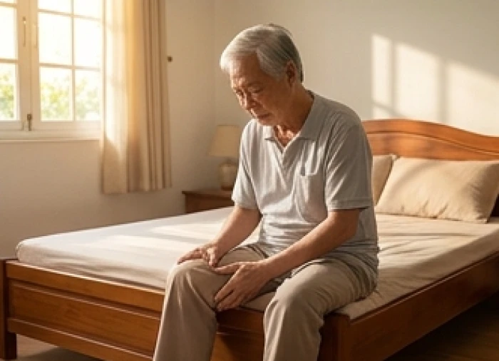 Người lớn tuổi xoa bóp khớp gối mệt mỏi vào buổi sáng do ảnh hưởng của chứng mất ngủ ban đêm