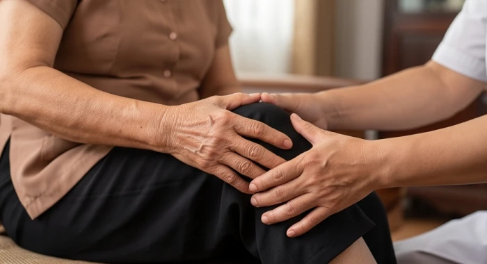 Người con gái đang ân cần xoa bóp khớp gối cho mẹ lớn tuổi để giảm thiểu sự đau nhức xương khớp