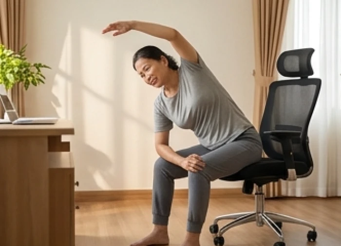 Một người phụ nữ đang thực hiện các động tác giãn cơ lưng nhẹ nhàng ngay tại bàn làm việc ở nhà