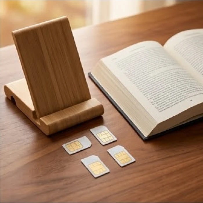 Các thẻ sim điện thoại đặt cạnh sổ tra cứu ngũ hành đầu số nhà mạng trên bàn gỗ