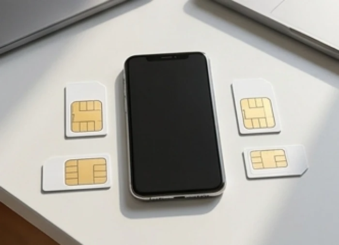 Các thẻ sim Viettel VinaPhone và MobiFone đặt gọn gàng cạnh smartphone trên bàn tư vấn phong thủy